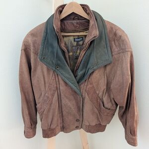 Vintage Leather Aviator Bomber Flight Collared Jacket In Caramel Tan/Green